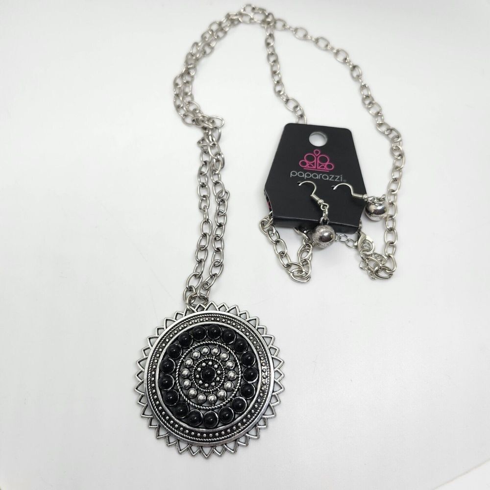 Paparazzi Black Silver Mandala Sunburst Pendant Necklace and Matching Earrings